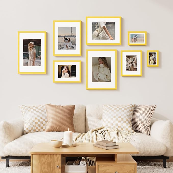 Vittanly 8x10 Picture Frame Set of 2, Solid Wood Frame for Wall or Tabletop, Display Photo 5x7 with Mat or 8x10 without Mat, Yellow