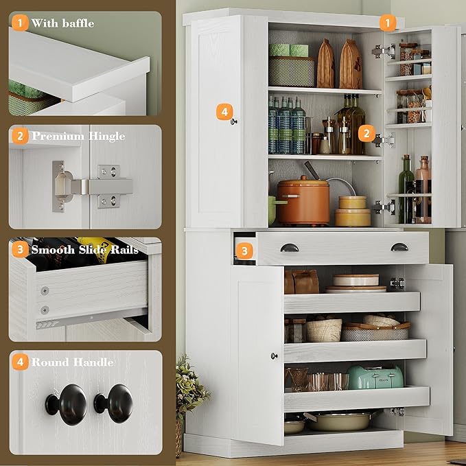 IRONCK Kitchen Pantry Cabinet 72" Height, Freestanding Cupboard with Drawer, Sliding Storage Rack, and 6 Hanging Shelves for Dining Room, Laundry, White