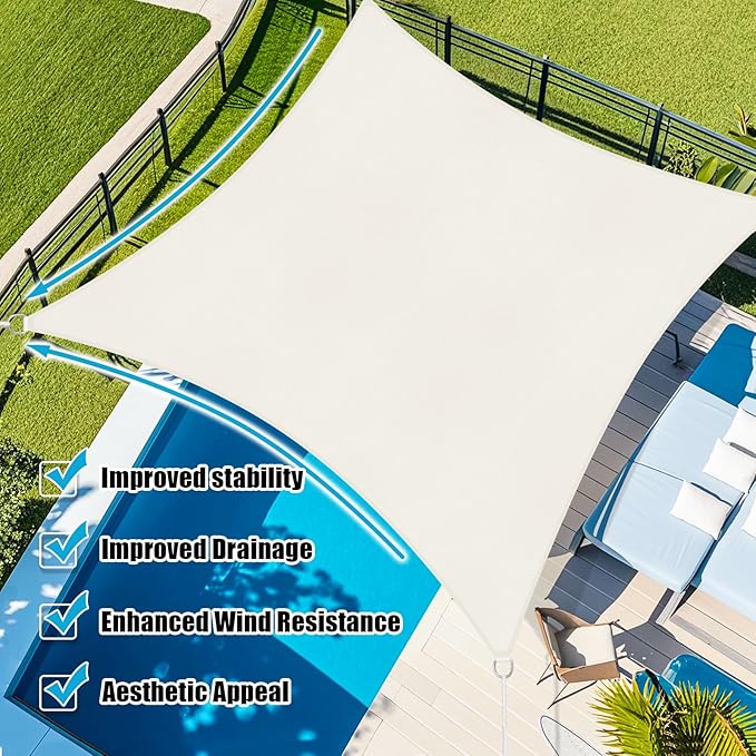 Amagenix Sun Shade Sail 16'X16' Curved Edge Outdoor Shade Canopy Cream Breathable 95% UV Block Shade Cloth for Patio Garden Backyard (We Make Custom Size)