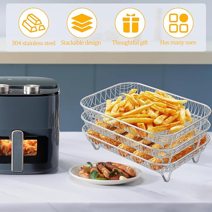 Air Fryer Rack Accessories for Ninja Dual Basket, 3 Layers, 304 Stainless Steel Stackable Bacon Air Fryer Accessories for Ninja AF300UK, Salter/Instant/EMtronics, with Clip