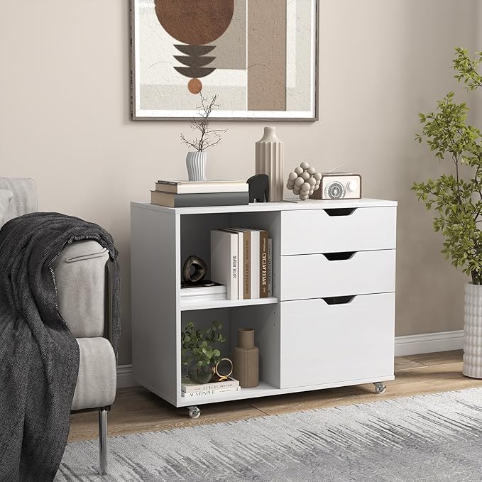 File Cabinet, Mobile Filing Cabinet w/Universal Wheels & 3 Drawers, Wood Printer Stand with Storage, Rolling File Cabinets for Home Office, Living Room, Bedroom (White, 3 Drawers)
