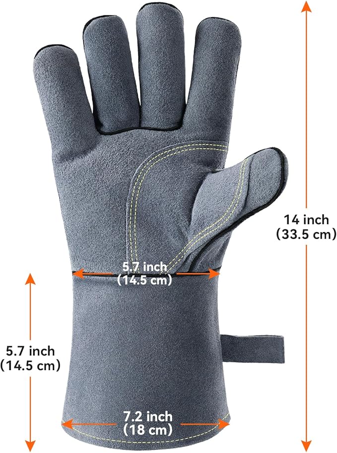 OZERO 932°F Heat Resistant Forge Welding Gloves 14 inches Cowhide Leather - Long Sleeve and Insulated Lining Grill Glove for Tig Welder/Mig/Barbecue/Stove Gray