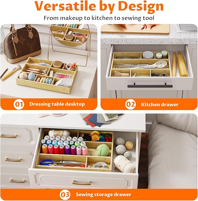 Bamboo Drawer Organizer with 9 Adjustable Compartments, Desk Storage Tray | - Image 7