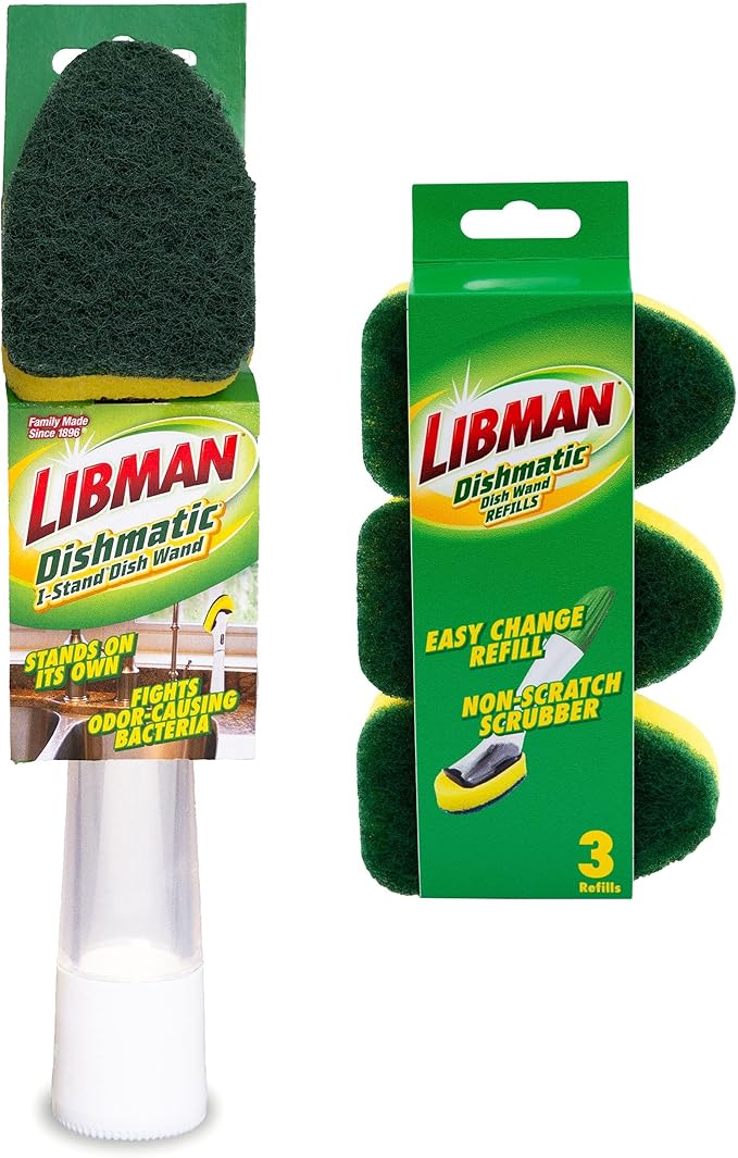 Libman Dishmatic I-Stand Dish Wand Kit, Scrub Brush, 3 Sponge Refills by TheLibmanCompany