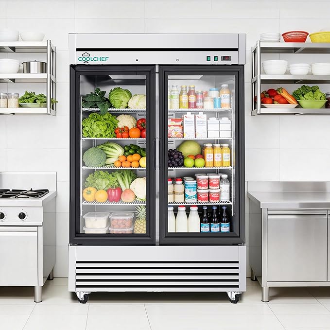 54" Commercial Glass Door Refrigerator, 49 Cu.Ft Double-Door Reach-In Cooler, 33–40℉, Double-Layer Low-E Glass, 8 Shelves, R290
