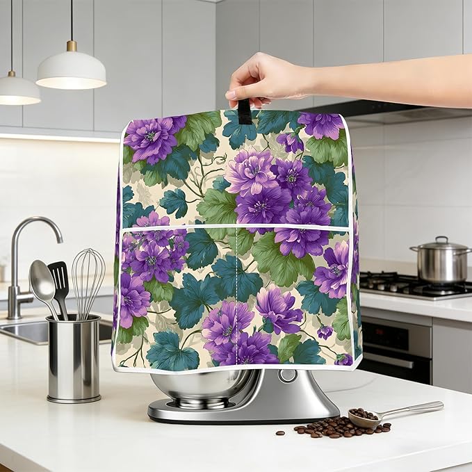 Stand mixer cover with handle and storage bag, reusable and washable, stylish retro floral design, keeps kitchen countertops clean and tidy (fits 6-8 quart mixers).