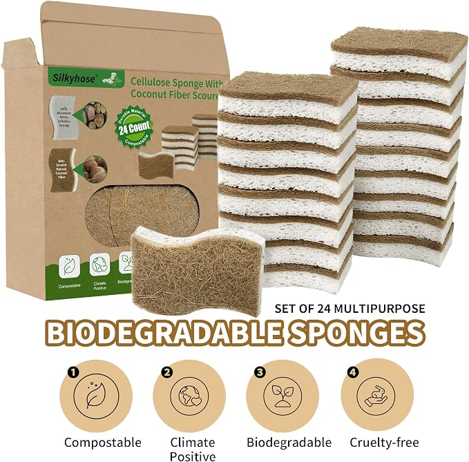 Silkyhose 24 Pack Natural Kitchen Sponges, Cellulose Coconut & Non-Scratch | - Image 3