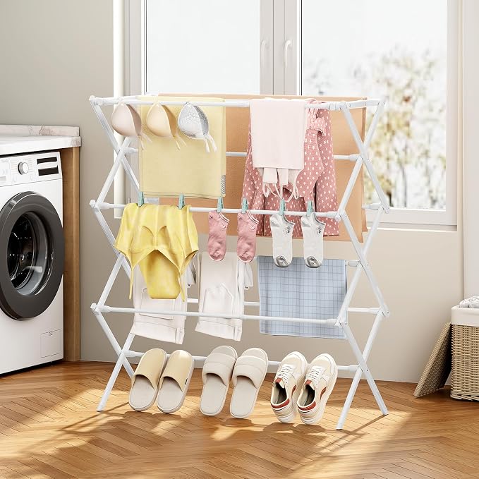KINGBOARD 3-Tier Extendable Clothes Drying Rack, Small & Foldable, Space-Saving - Image 10