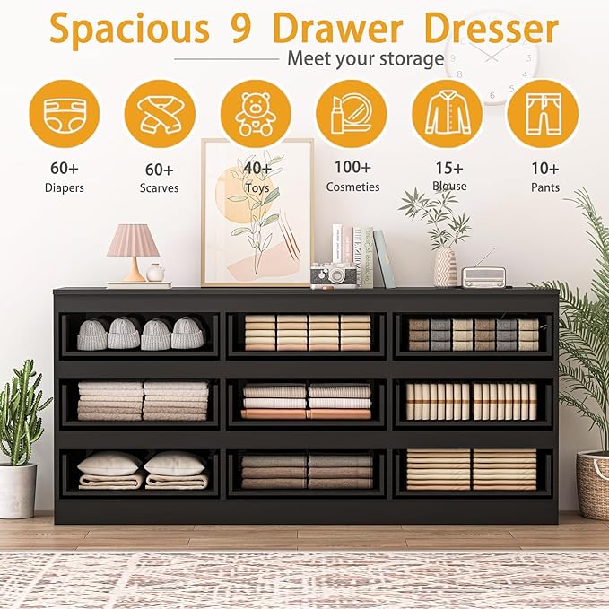 9 Drawers Dresser with Charging Station, Modern Large Dresser with 9 Handle Free Drawers, Wood Chest of Drawers for Bedroom, Living Room, Entryway, Hallway, Black