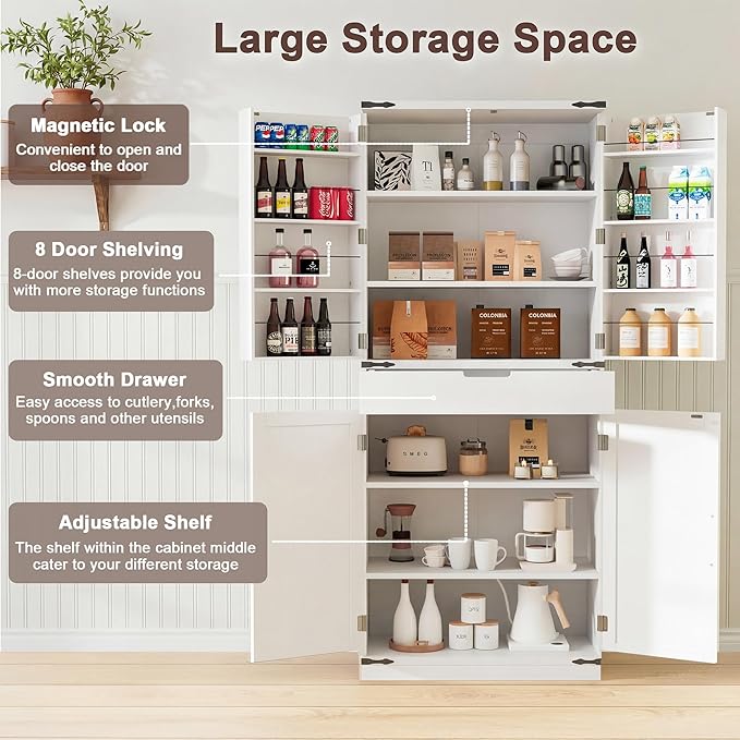 72" Kitchen Pantry Storage Cabinet with Doors and Shelves, Wood Farmhouse Pantry Storage with Barn Doors for Kitchen, Dining Room, Living Room