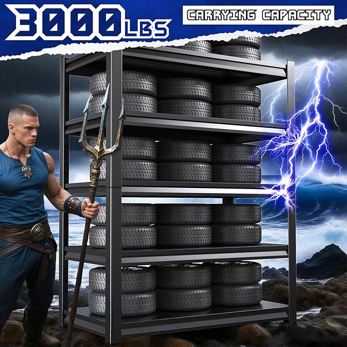 72''H/47''W Garage Shelving 5-Tier Adjustable Metal Garage Shelves Heavy Duty Unit,3000 LBS Steel Shelf Storage Rack Suitable for Industries,Warehouses,Basement,Black (72''H x 47''W x 20''D)