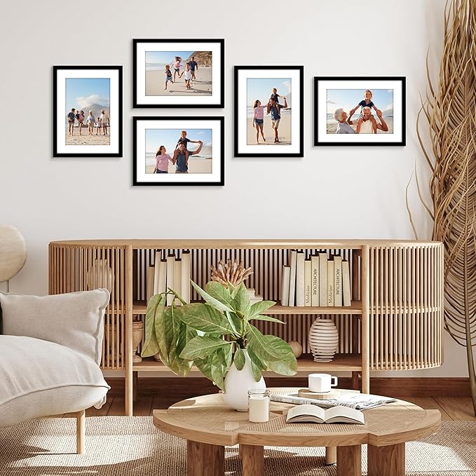 Americanflat 11x15 Picture Frame with Polished Plexiglass - Set of 5 - Use as 8x12 Frame with Mat or Display 11x15 Photo Without Mat - Galleria Collection - Picture Frames for Wall Display - Black