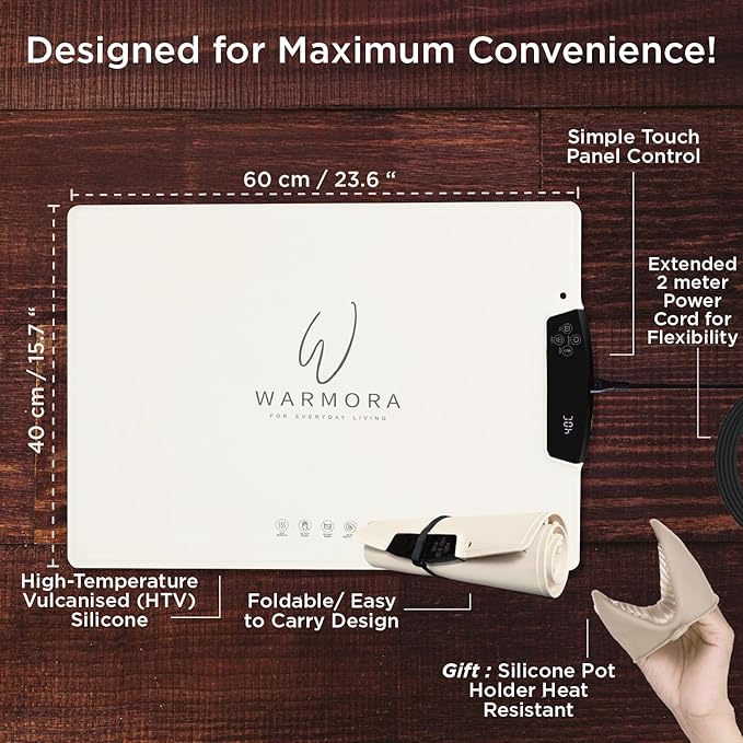 Food Warming Mat - 9 Temp Settings, Rapid Full Surface Heating, Child-Lock, 2-12H Timer, Auto Off, Dual Display - Perfect for Parties, Buffets, Everyday Use - Eco-Friendly Tray (Cream)