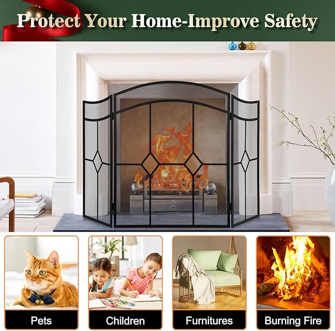 FEED GARDEN 3 Panel Fireplace Screen Wrought Iron 48" W x 30" H Foldable Heavy Duty Fire Spark Guard Cover with Metal Decorative Mesh for Living Room, Home Decor Indoor, Black
