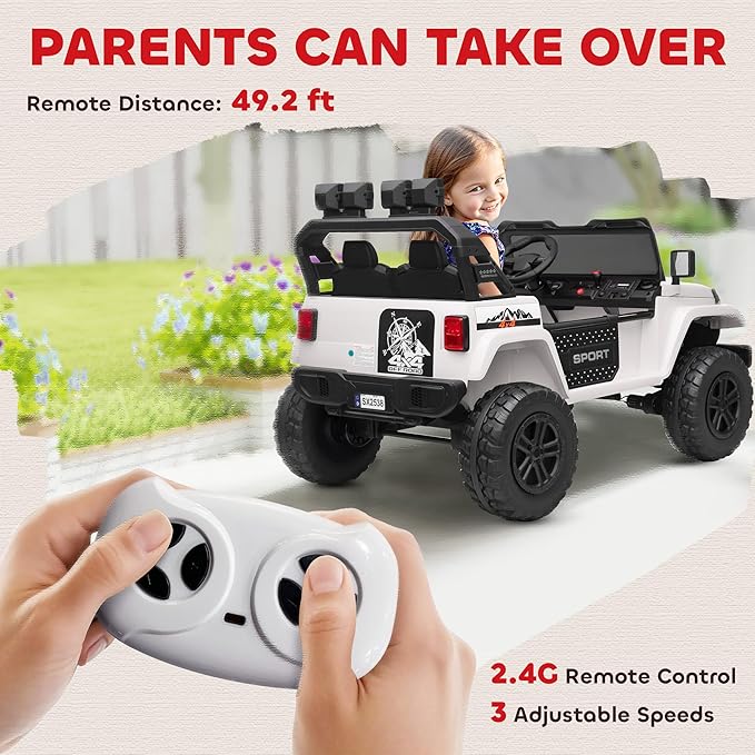 Qaba 24V 2-Seater Kids Ride on Truck Car, 44-50" L Adjustable 4WD Electric Car, 5 MPH Max Speed, Remote Control, Spring Suspension, Storage and LED Lights for Kids Ages 37-95 Months, White