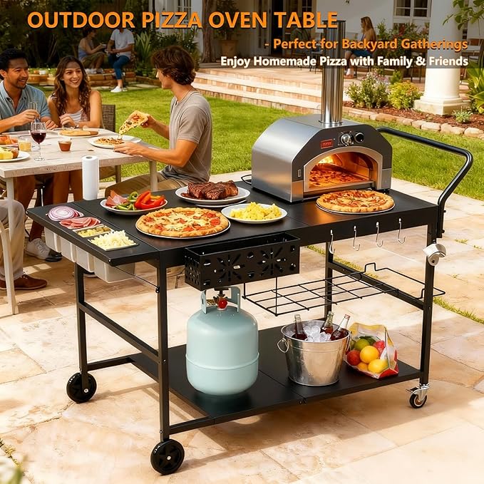 Pizza Oven Table with Topping Station, Outdoor Pizza Oven Cart, Grill Cart Table for Blackstone Griddle, Pizza Prep Station with Storage & Seasoning Tray, for Ninja, Cuisinart, Gozney