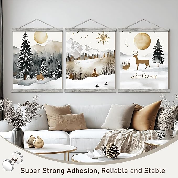 2 Pack Magnetic Poster Hanger Frame, 9x24 9x12 9x11 Light Wood Wooden Magnet Canvas Artwork Print Dowel Poster Hangers Frames Hanging Kit (Grey, 9", 2 Packs)
