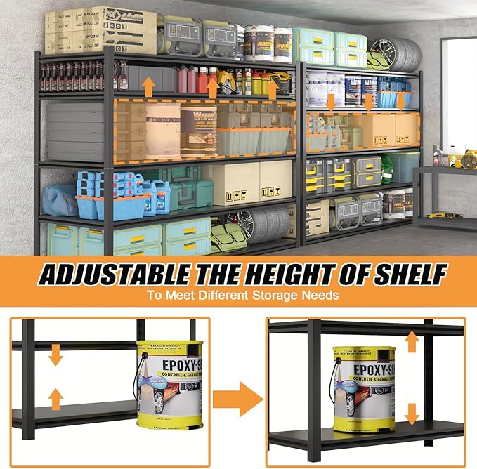 4PCS 59''W/72''H Garage Shelving Units Heavy Duty 3500LBS Metal Storage Shelves Adjustable Steel Industrial Shelving 5 Tier Storage Shelf Rack for Basement, Warehouse