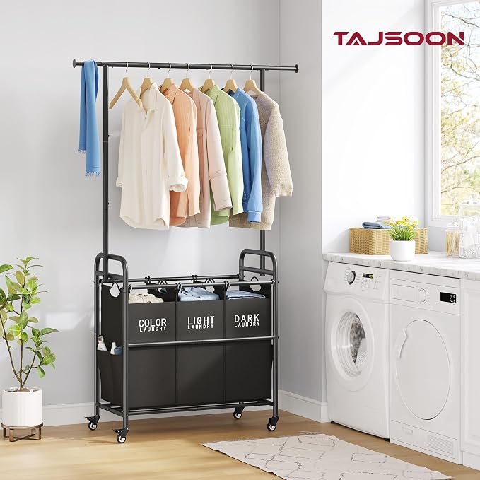 Tajsoon Laundry Sorter with Hanging Bar, 3 Section Laundry Hamper - Image 2