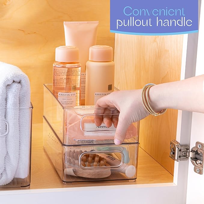 primebox Clear Plastic Organizing Container with Integraged Handles for Home Organization for Kitchen, Pantry, Fridge, Freezer, Cabinet,Bathroom, Stackable. 10"x6"x3"