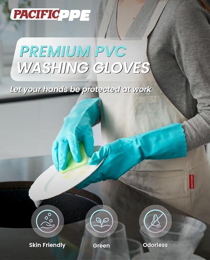 PACIFIC PPE 2 Pairs Dishwashing Gloves, Cotton Flocked Liner, Large | - Image 2