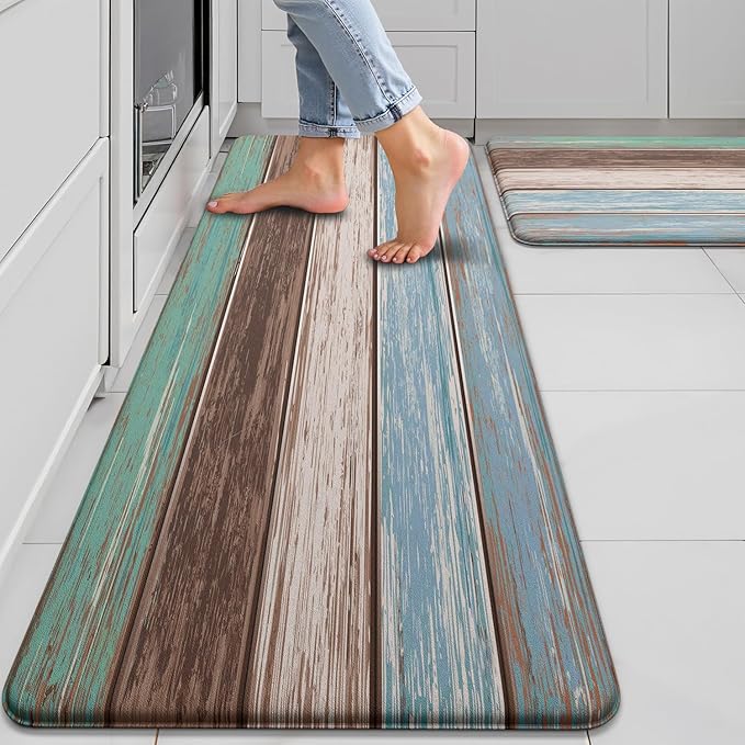 MAYHMYO Anti Fatigue Kitchen Mat for Floor Set of 2 Teal Farmhouse Comfort Mats Cushioned Non Slip Waterproof Kitchen Rugs Standing Kitchen Mats for Floor House Sink Office