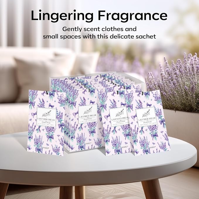 MYARO 20 Pack Lavender Scented Sachets, Closet Deodorizer Car Air Freshener - Image 6