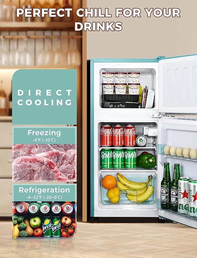 3.2 Cu.Ft Fridge with Freezer, Double Door Refrigerator with 7 Level Thermostat, LED Light, Adjustable Shelves, Food Storage Cooling Drink for Bedroom, Office, Dorm, Apartment, Blue