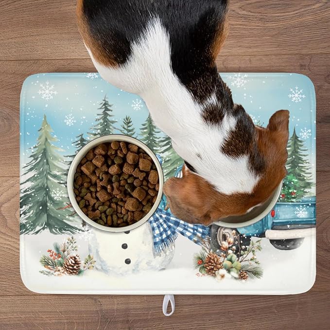 Giwawa Winter Snowman Blue Dish Drying Mat Xmas Truck Dishes Pad 18"x24" - Image 9