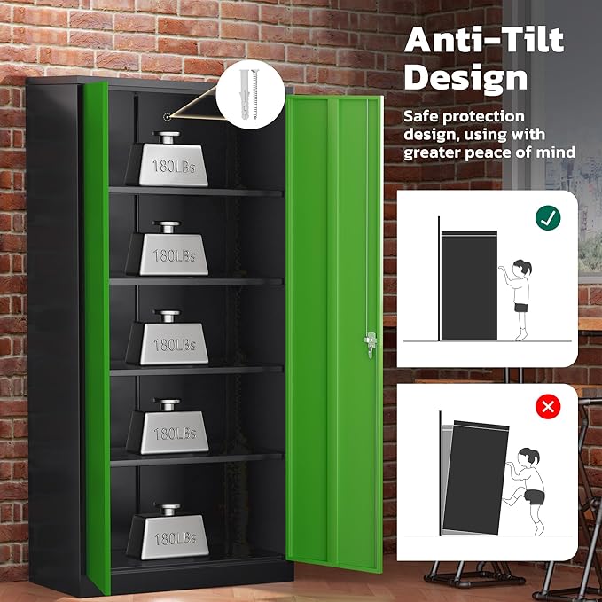 Greenvelly Metal Garage Storage Cabinet with 2 Doors and 4 Adjustable Shelves, 72" HLockable Storage Cabinet,Tall Metal Cabinet Locking File Cabinet for Office,Home, Garage, Gym, School
