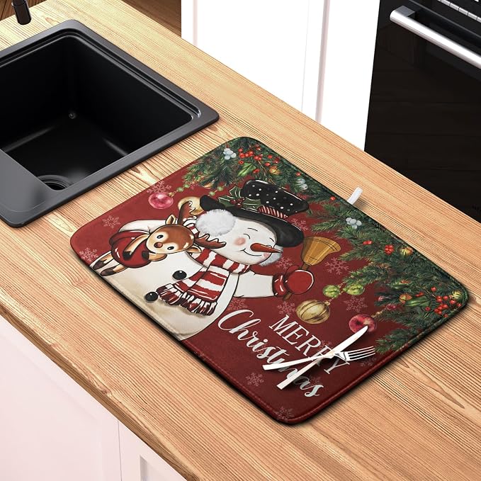 Christmas Dish Drying Mats for Kitchen Counter 18x24 Cute Snowman Red Dish - Image 6