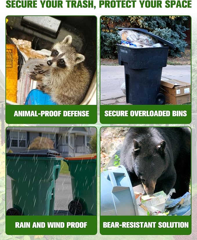 Bear Proof Trash Can Lock, Adjustable Garbage Can Straps with Lid Lock, Animal Proof Trash Can Locks for Bears, Raccoons, Critters, Outdoor Trash Can Enclosure, Black