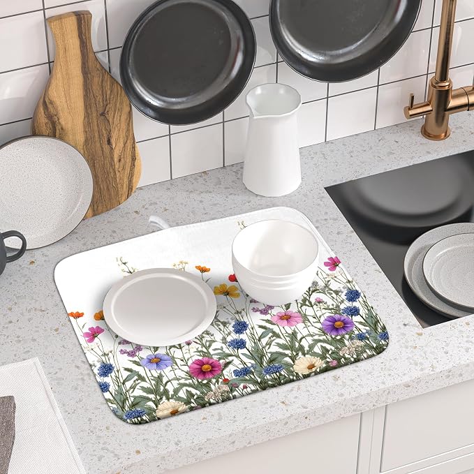 Giwawa Flower Herbs Dish Drying Mat Botanical Plant Dishes Drainer Mat 16x18 - Image 6