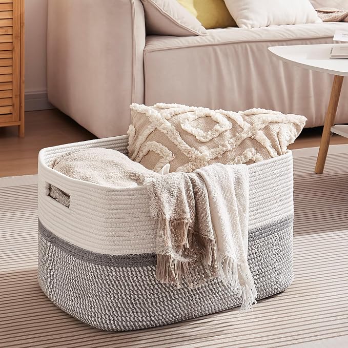 OIAHOMY Blanket Basket Laundry Basket Dog Toy Basket 75L Grey/White - Image 4