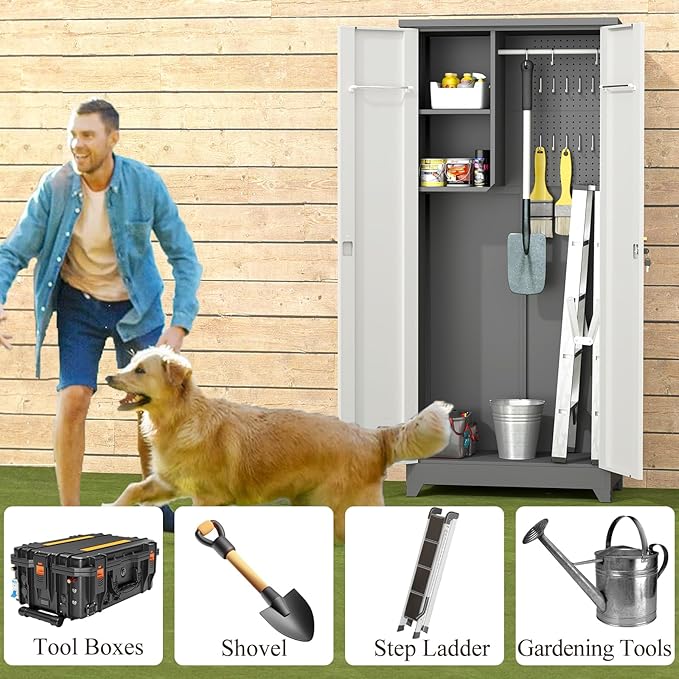 Outdoor Metal Storage Cabinet,Garden Storage Cabinet with Waterproof Coating,Waterproof Lockable Storage Cabinets for Garden,Backyard,Lawn,Dark Gray+White