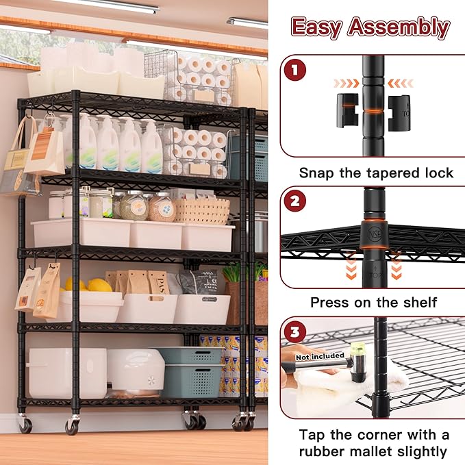 PrimeZone 74''H Wire Shelving 1250lbs 5 Tier Storage Shelves with Wheels NSF Certified Heavy Duty Steel Metal Shelf Adjustable Rolling Rack Kitchen Garage Closet Pantry Laundry 74''HX36''WX14''D 3PCS