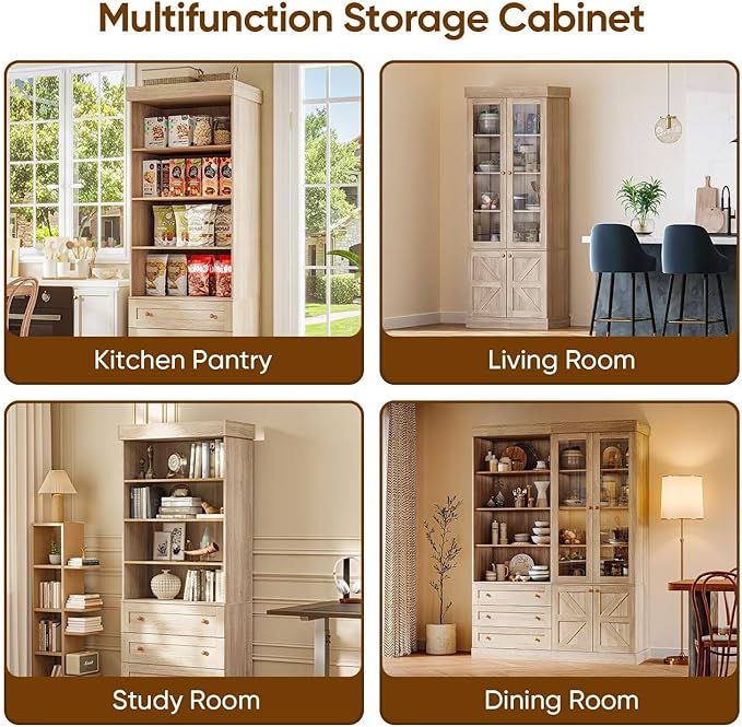 Vyre 71" Tall Farmhouse Kitchen Pantry, Set of 4 Large Storage Cabinets with 3 Drawers, Adjustable Shelves, Wood Versatile Hutch Cabinet for Dining Room, Living Room, Brown