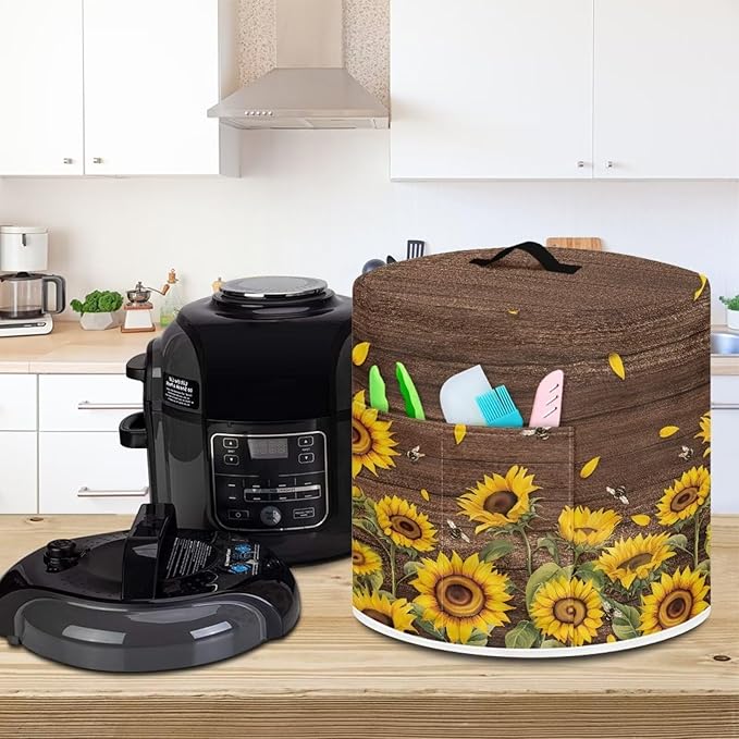 6 Quart Pressure Cooker Cover Dust-Proof Kitchen Appliance Air Fryer Cover with Handle and Pockets Keep Kitchen Appliance Clean Home Decor, Sunflower Bee Wood Grain