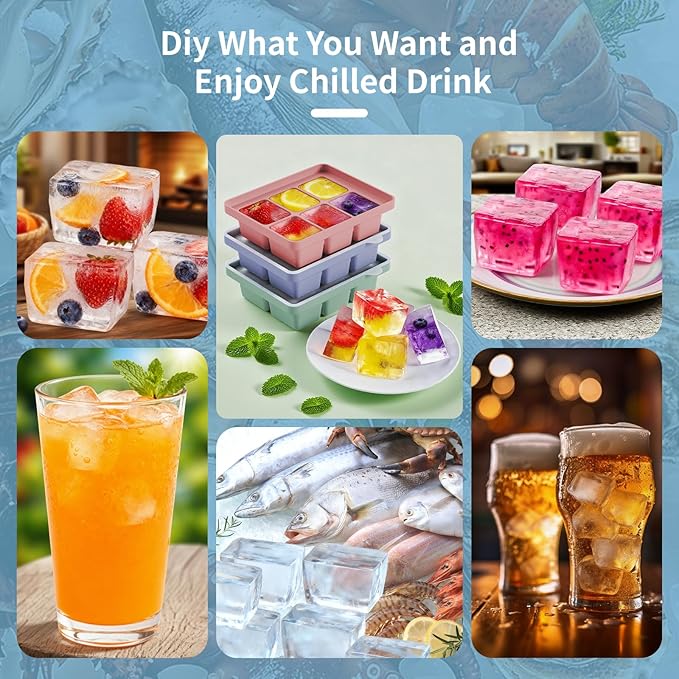 Large Silicone Ice Cube Tray Set of 3, Easy Release 6 Flexible Silicone Ice Cube Molds with Removable Lid, Reusable Freezer Stackable Ice Trays for Whiskey, Baby Food, No Floater, BPA Free