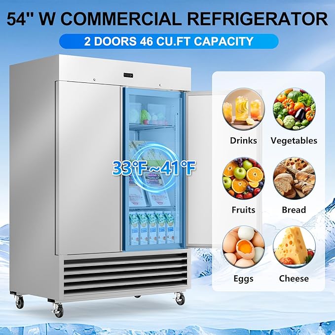 54" W Commercial Refrigerator, 46 Cu.ft Stainless Steel Reach-in Upright Fridge with 2 Solid Door and 3 Adjustable Shelves for Restaurant, Bar, Shop, ETL Approved