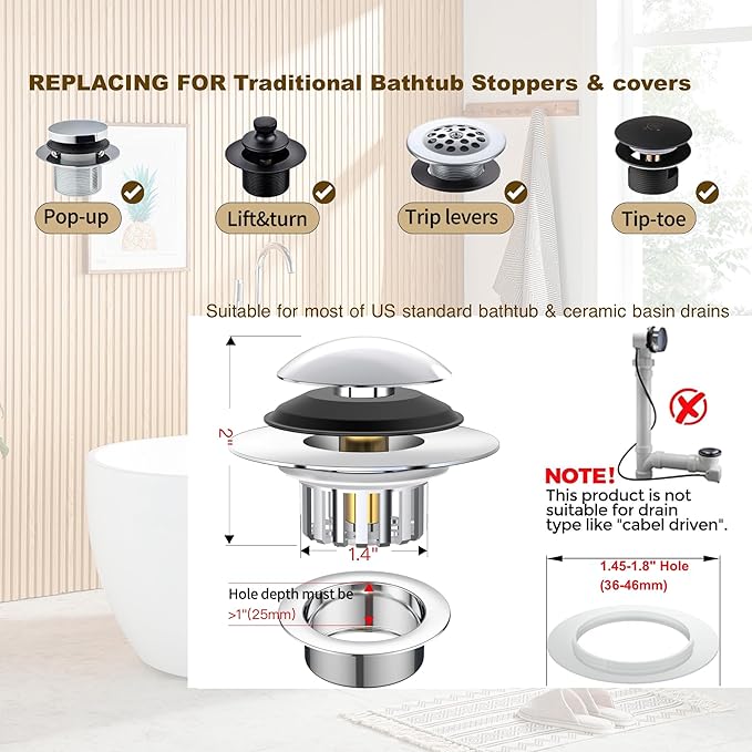Tub Stopper, Bathtub Drain Stopper, Bathroom Sink Stopper, Pop-up Drain Stopper, Bathroom Drain Plug, Bathtub Drain Stopper, Bathtub Plug for 1-1/2 to 1-3/4" Bath Drain Hole, Easy to Install & Clean