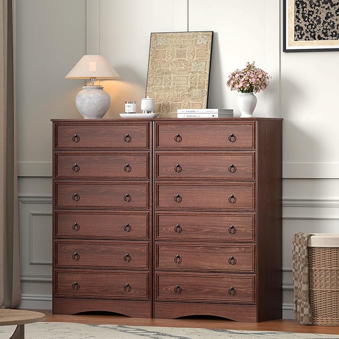Cherry Wood Dresser 52" Tall for Bedroom, Wood 6 Chest Drawers, 6 Drawer Dresser, Storage for Clothes, Narrow Large Drawers, Vintage, for Living Room, Bedroom, Hallway