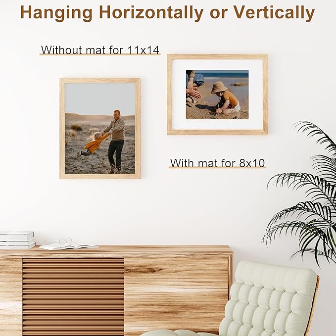 Vittanly 11x14 Picture Frame, Solid Wood Frame with Plexiglass, Includes 8x10 Mat, Wall Hanging for Home Decor, Natural, 3 Pack