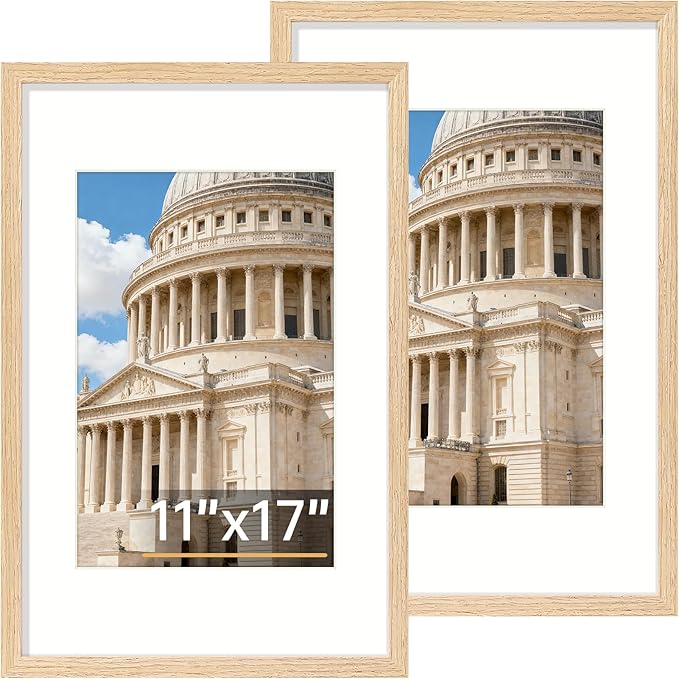 Vittanly 11x17 Picture Frame Set of 2, Solid Wood Frame for Wall Art Photo and Prints, Display Photo 8x12 with Mat or 11x17 without Mat, Natural