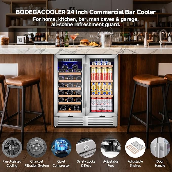 BODEGACOOLER Back Bar Cooler With 2 Glass Doors,30 Inch Wine and Beverage Refrigerator with Digital Touch,Counter Height Commercial Beverage Refrigerator, Beverage Cooler Holds 31 Bottles and 92 Cans.