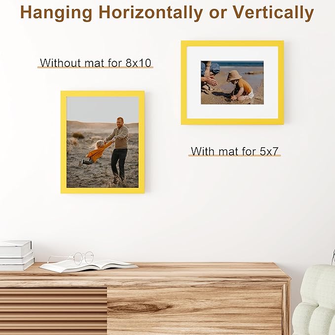 Vittanly 8x10 Picture Frame, Solid Wood Frame with Plexiglass, Includes 5x7 Mat, Wall Hanging or Tabletop for Home Decor, Yellow, 1 Pack