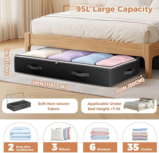 95L Under Bed Storage, 4 Pack Closet Organizers Black | Underbed Storage Bags - Image 3