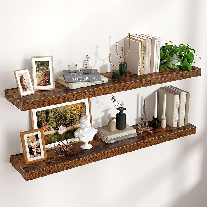 Floating Shelves for Wall 48"W x 9"D x 1.5"H, Engineered Wood Wall Shelves with Invisible Brackets for Living Room Bedroom Bathroom Office Kitchen Decor and Storage, Rustic Brown Finish, Set of 2
