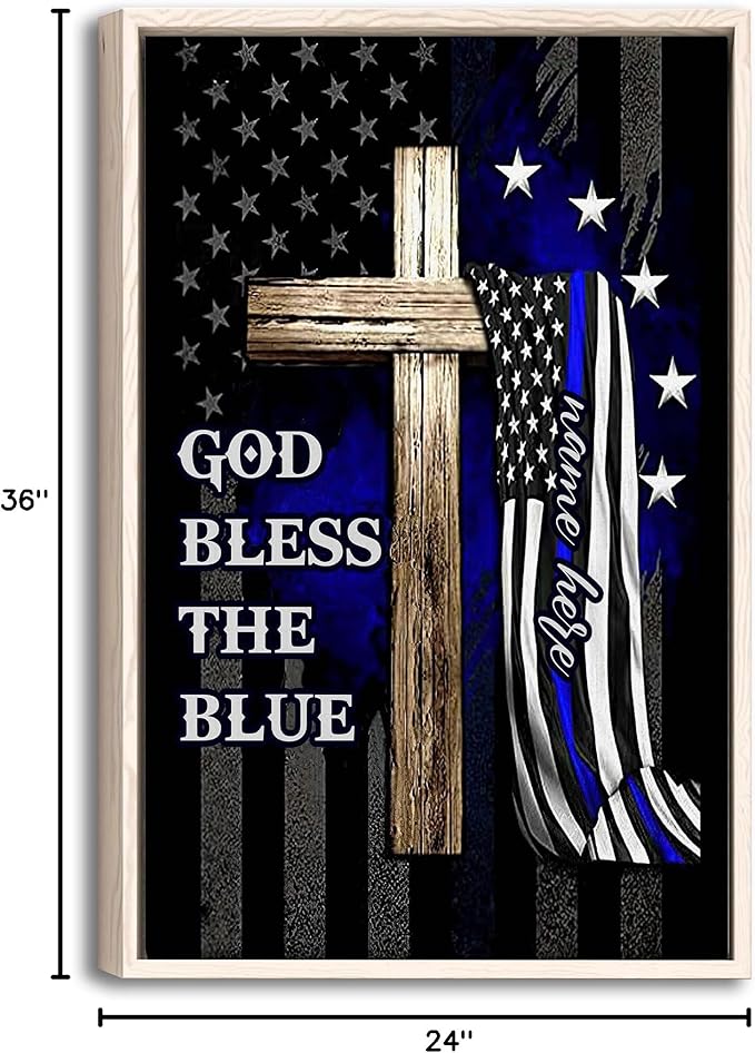 Personalized Police Poster & Framed Canvas, God Bless The Blue Home Office Decor, Custom Name Bedroom Living Room Aesthetic Wall Art Gift For Police Officer, Policeman, Husband, Men