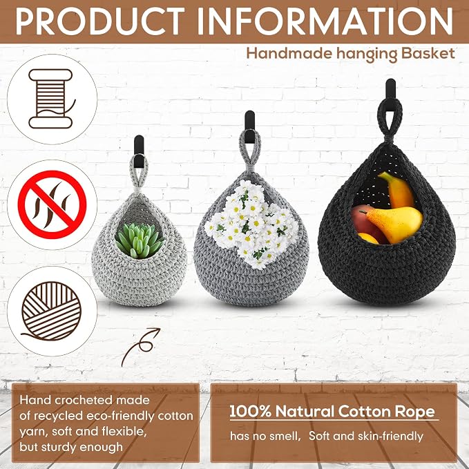 Honeydak 3 Hanging Baskets, Light Grey, Cotton Rope - Image 3